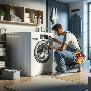 Realistic stock image of technician repairing a washing machine.