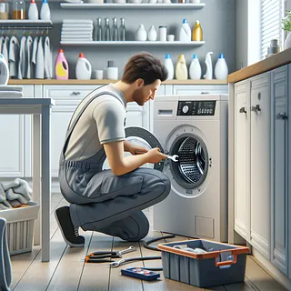 Realistic stock image of technician repairing washing machine