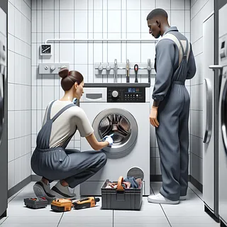 Realistic stock image of technician repairing washing machine